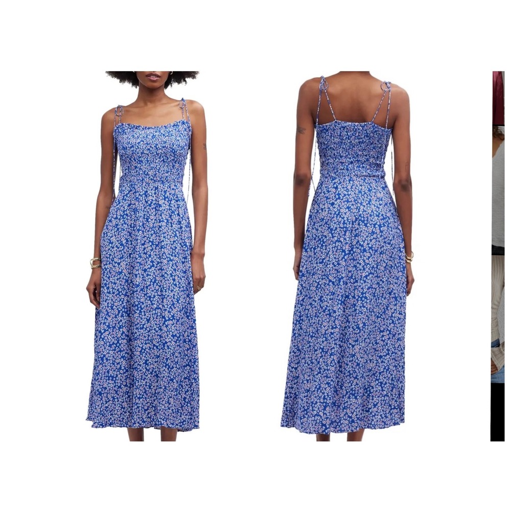 Madewell Maxi Dress Womens Size 4 Blue Floral Smocked Tie-Shoulder New
